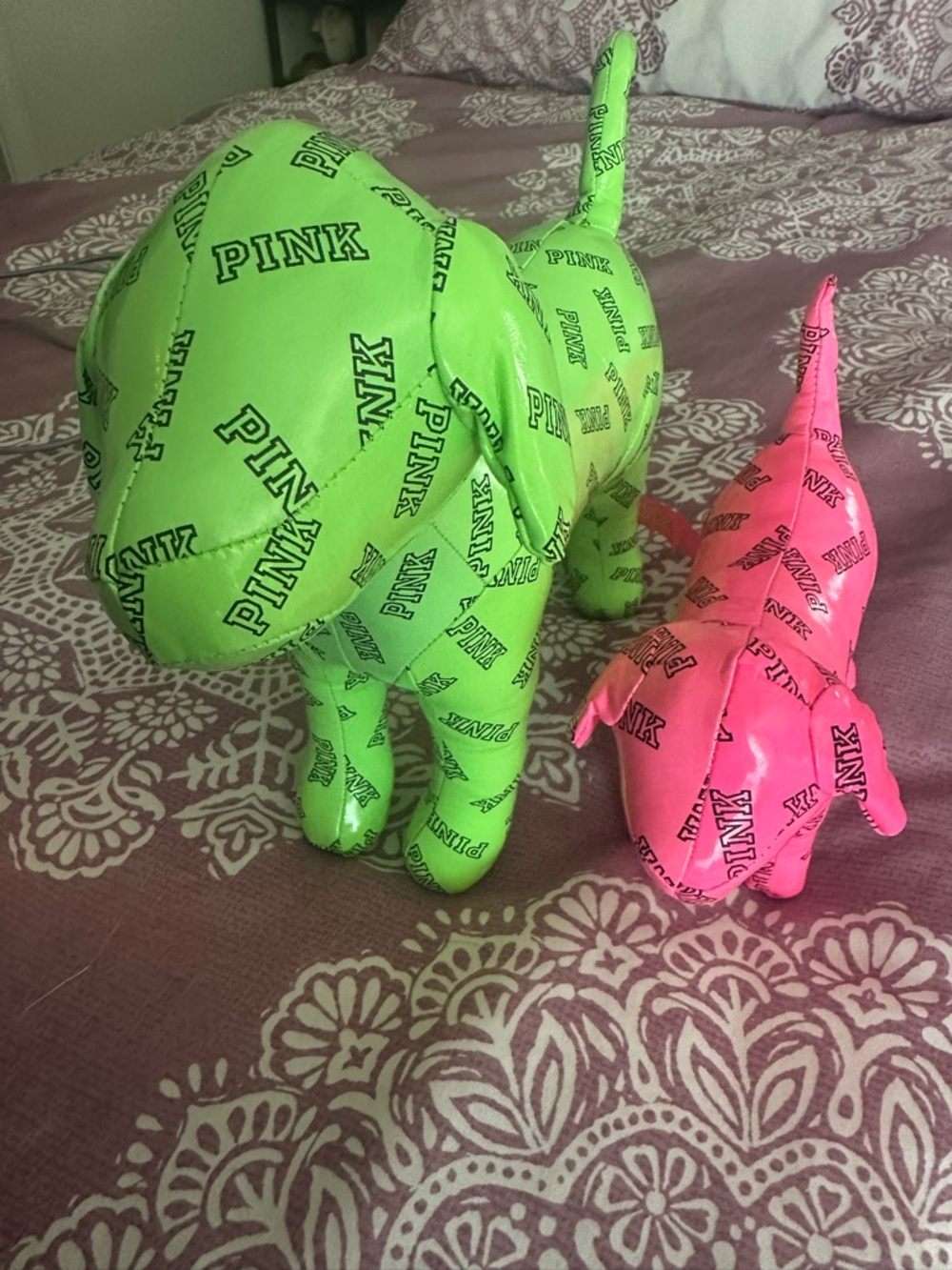 PINK Victoria's Secret Neon Green & Hot Pink Logo Plush Dog Pair